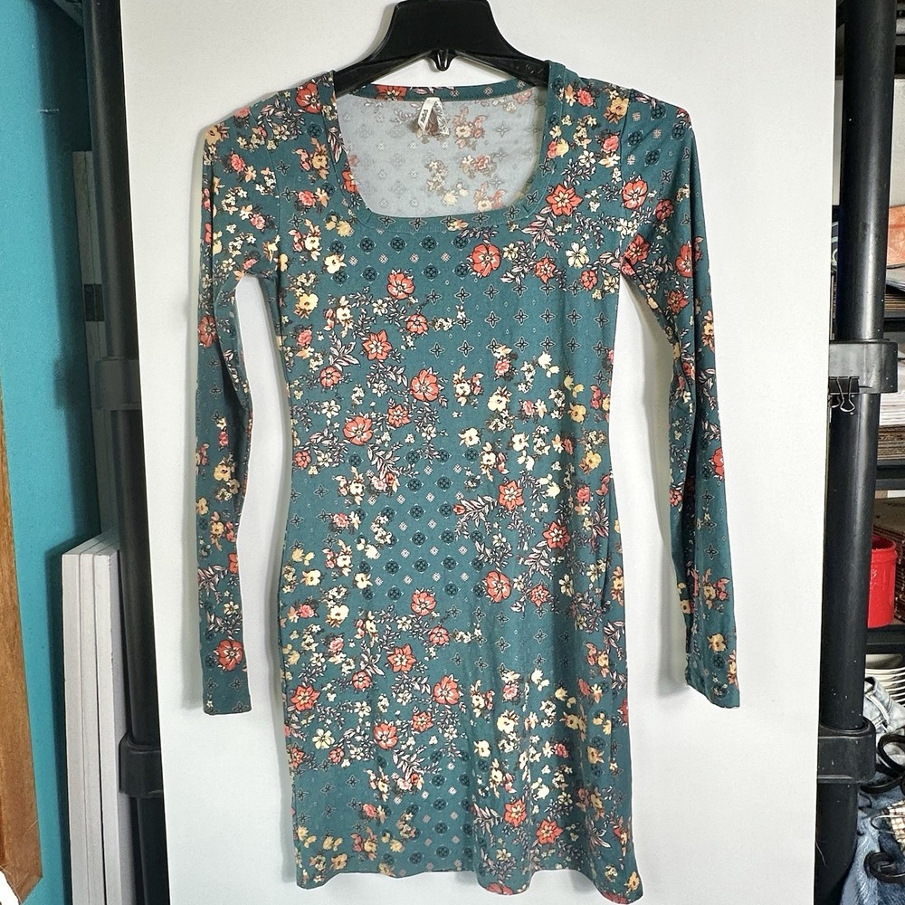 Mudd Womens Juniors Size XS‎ Floral Fitted Bodycon Dress Teal Long Sleeve Mini